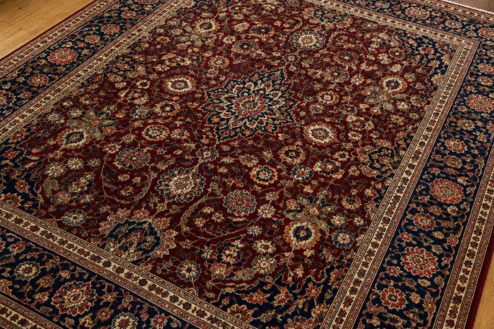 Persian rug with a burgundy and indigo floral pattern