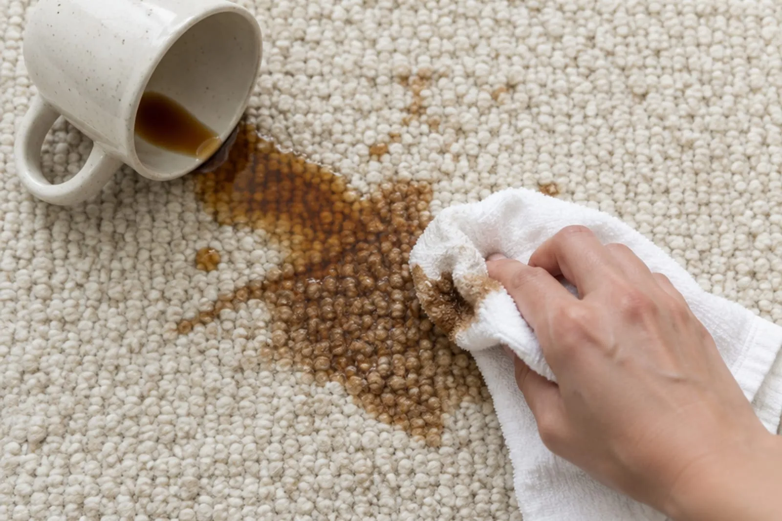 Coffee stain being blotted on a cream rug